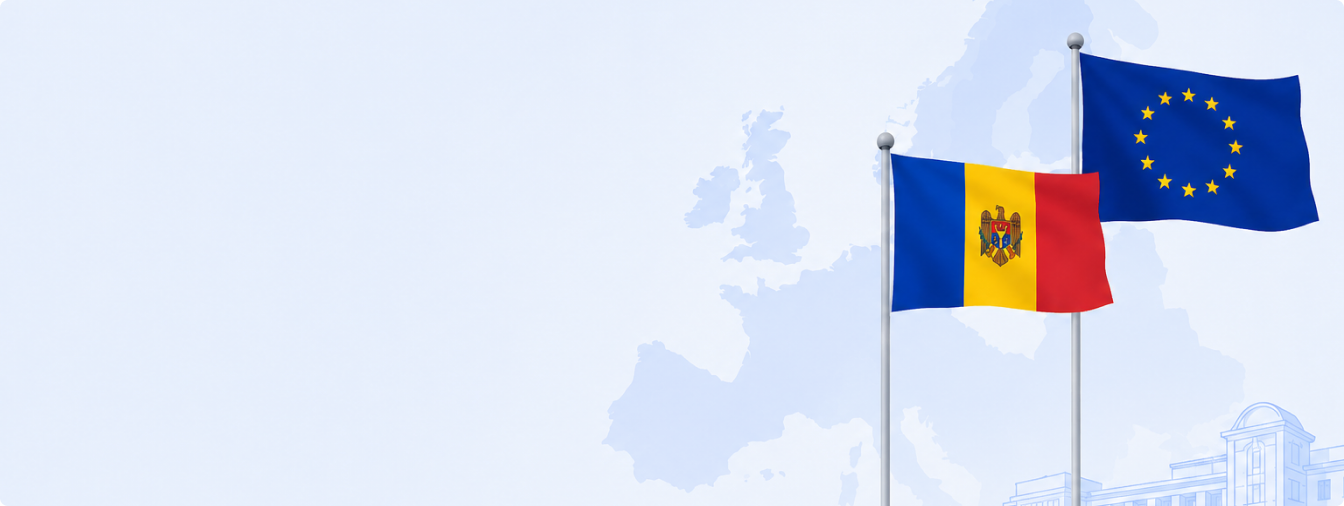 Drapelele Republicii Moldova și Uniunii Europene pe fundalul hărții Europei